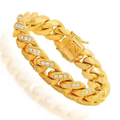 14K Solid Yellow Gold Mens Diamond Cuban Bracelet 7.50 Ctw