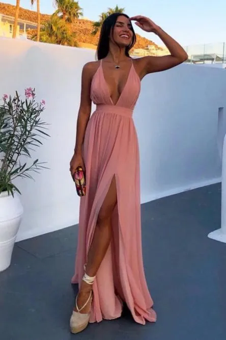 A-Line Deep V-Neck Backless Floor-Length Pink Chiffon Prom Dress with Split CAD60