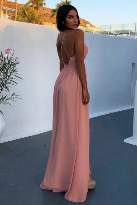 A-Line Deep V-Neck Backless Floor-Length Pink Chiffon Prom Dress with Split CAD60