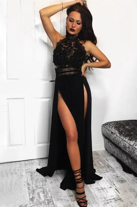 A-Line High Neck Floor-Length Black Prom Dress with Lace Split LPD085