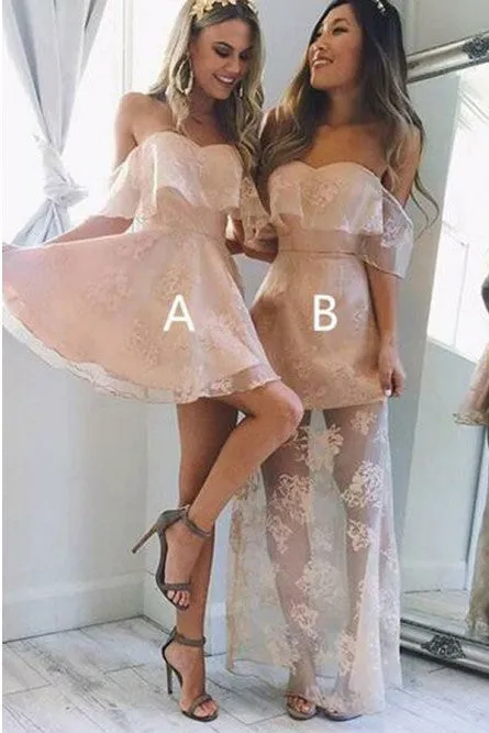 A-Line Off-the-Shoulder Sleeveless Short Pink Lace Prom Dress/Homecoming Dress  OHC095