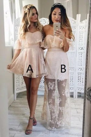A-Line Off-the-Shoulder Sleeveless Short Pink Lace Prom Dress/Homecoming Dress  OHC095