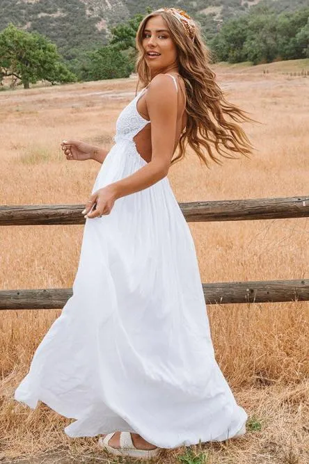 A-Line Spaghetti Straps Backless Chiffon Beach Wedding Dress with Lace OHD039