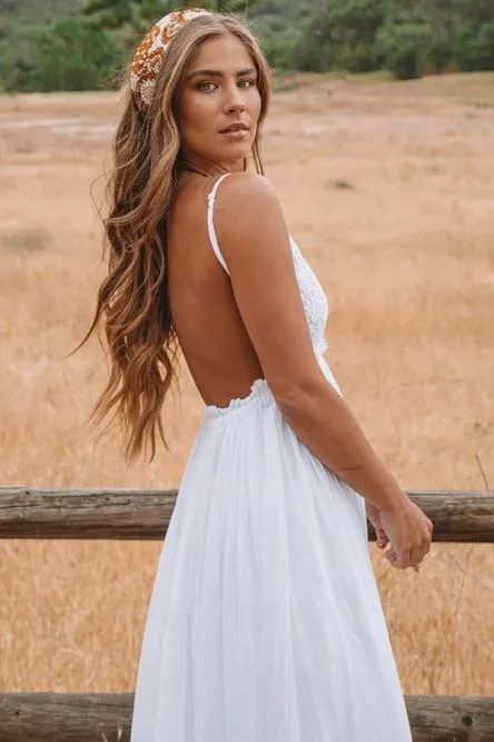 A-Line Spaghetti Straps Backless Chiffon Beach Wedding Dress with Lace OHD039