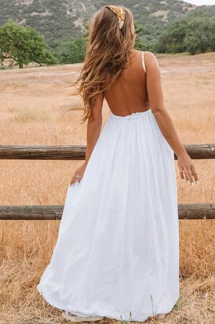 A-Line Spaghetti Straps Backless Chiffon Beach Wedding Dress with Lace OHD039