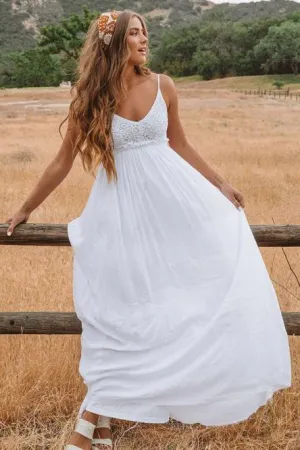 A-Line Spaghetti Straps Backless Chiffon Beach Wedding Dress with Lace OHD039