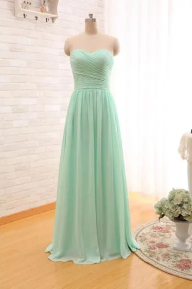 A Line Sweetheart V-neck Floor Length Sleeveless Long Chiffon Bridesmaid Dresses with Ruffles OHS124