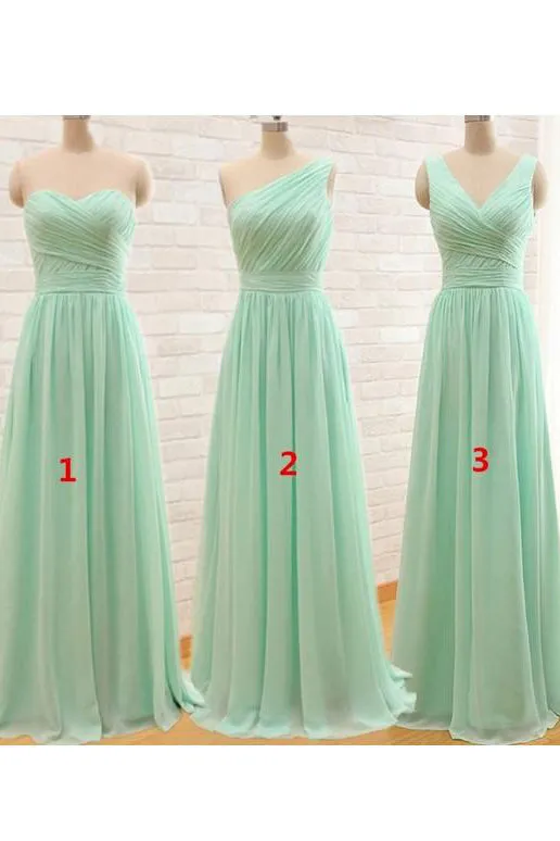 A Line Sweetheart V-neck Floor Length Sleeveless Long Chiffon Bridesmaid Dresses with Ruffles OHS124