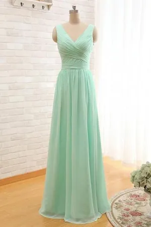 A Line Sweetheart V-neck Floor Length Sleeveless Long Chiffon Bridesmaid Dresses with Ruffles OHS124