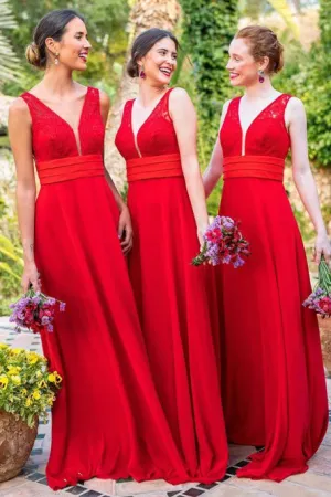 A-Line V-Neck Backless Floor-Length Red Chiffon Bridesmaid Dress with Lace OHS059
