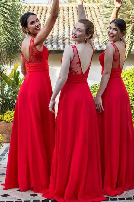 A-Line V-Neck Backless Floor-Length Red Chiffon Bridesmaid Dress with Lace OHS059