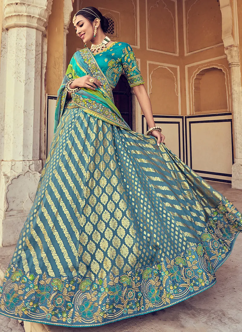 Aqua Blue Multi Embroidery Wedding Lehenga Choli