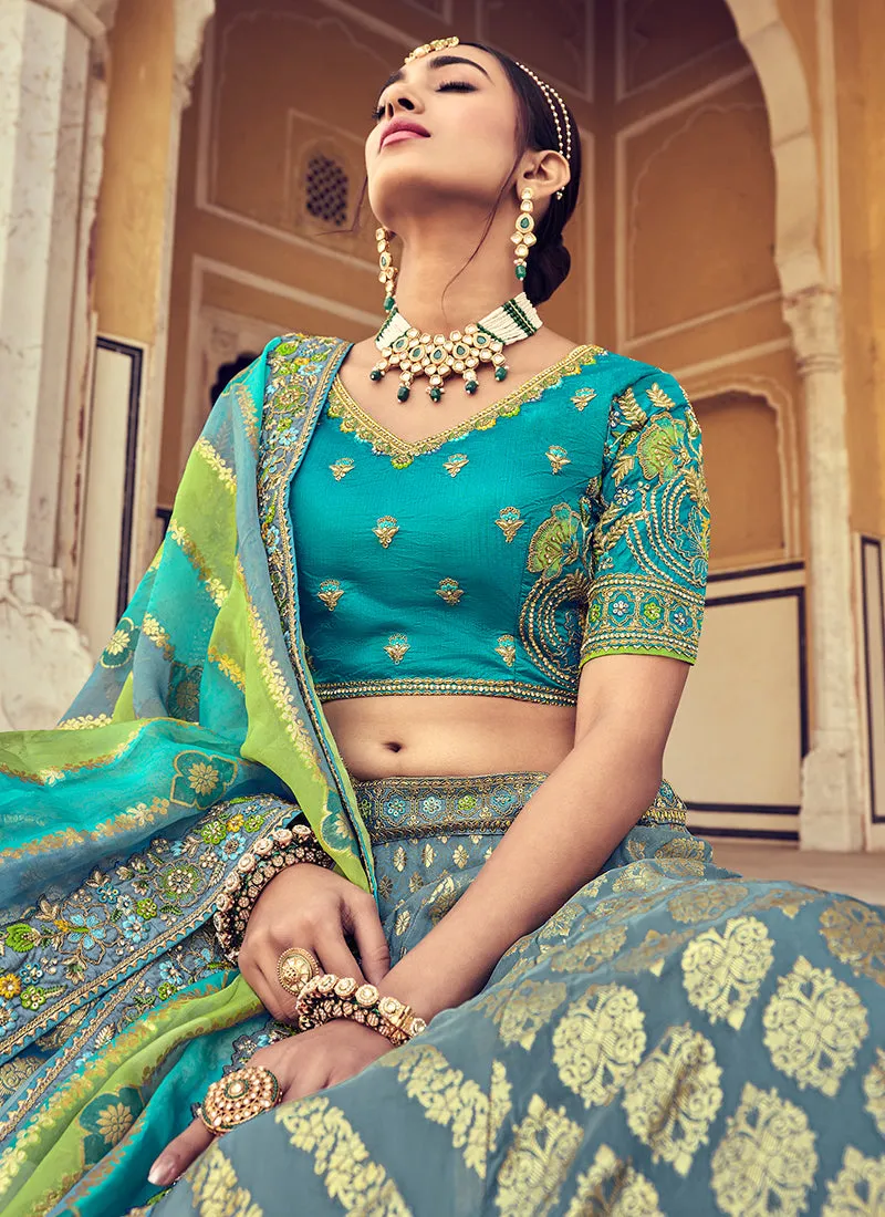 Aqua Blue Multi Embroidery Wedding Lehenga Choli