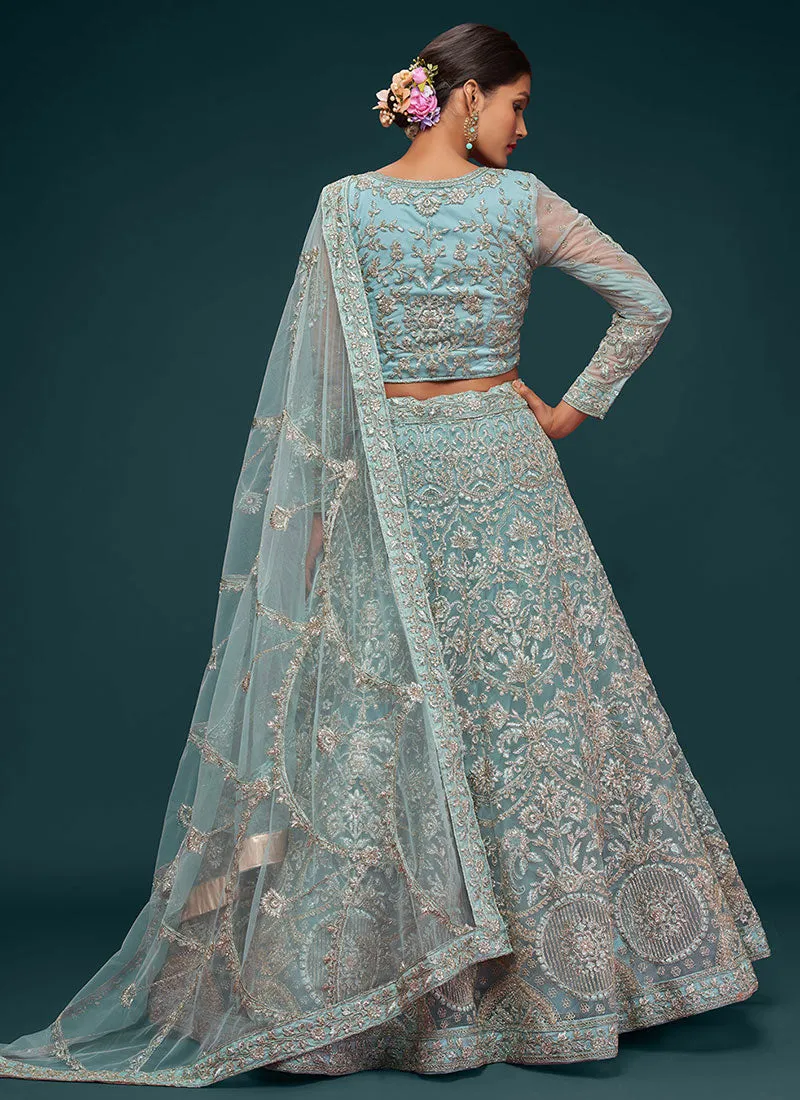 Aqua Blue Resham Thread Embroidery Lehenga Choli And Dupatta