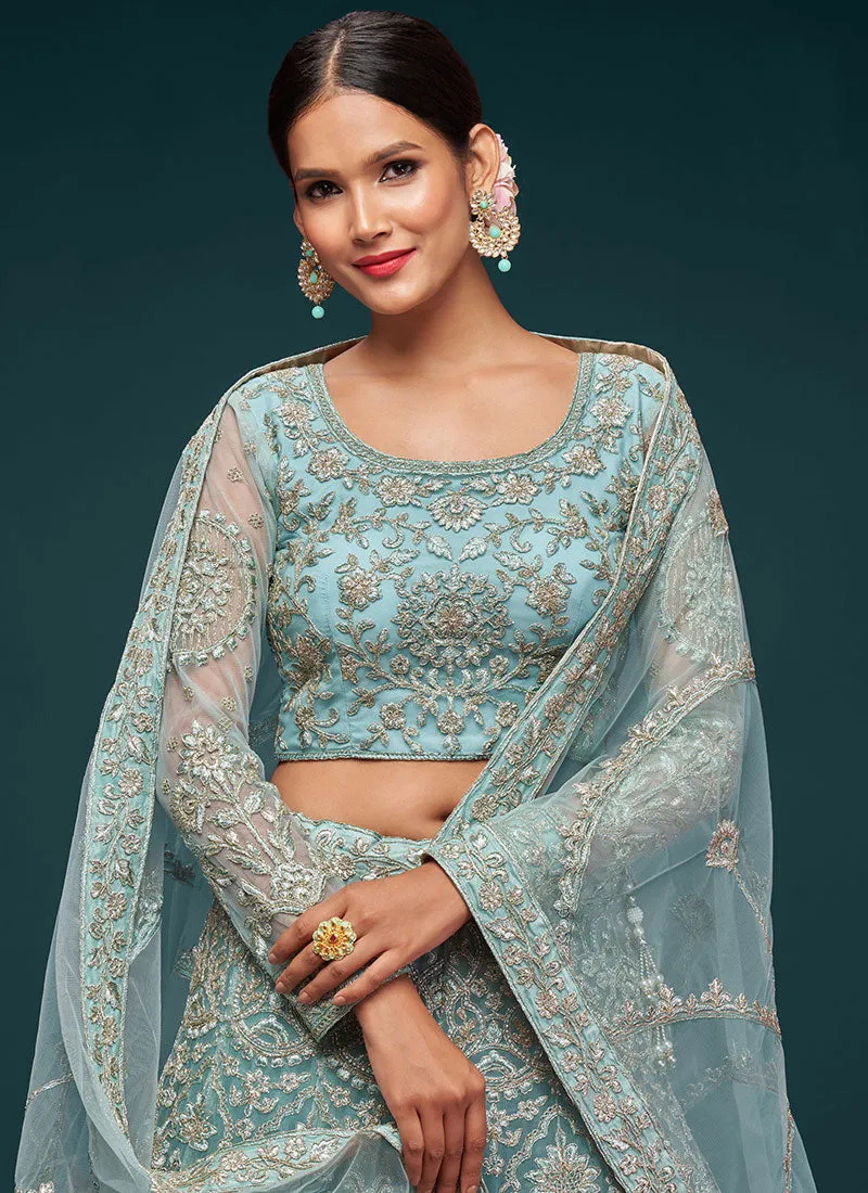 Aqua Blue Resham Thread Embroidery Lehenga Choli And Dupatta