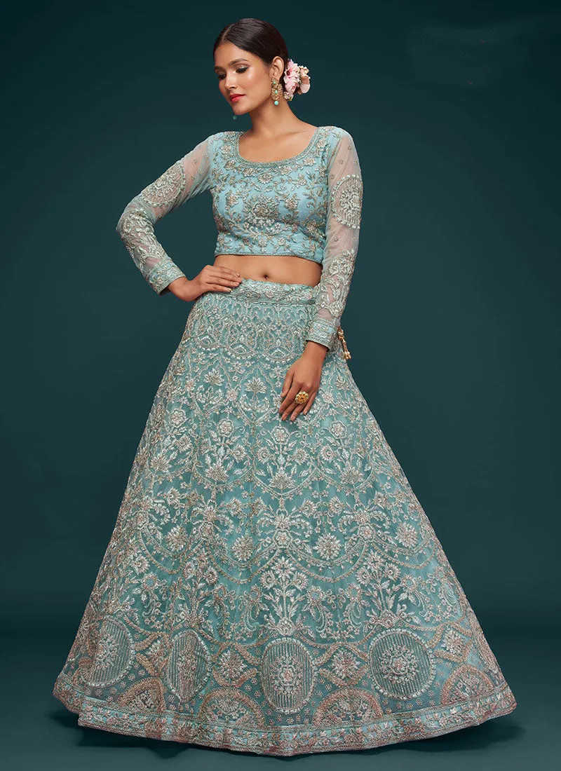 Aqua Blue Resham Thread Embroidery Lehenga Choli And Dupatta