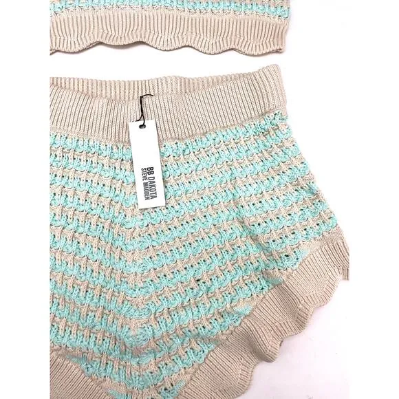 BB Dakota Steve Madden High Waist Blue &amp; Cream Crochet Shorts Medium NWT