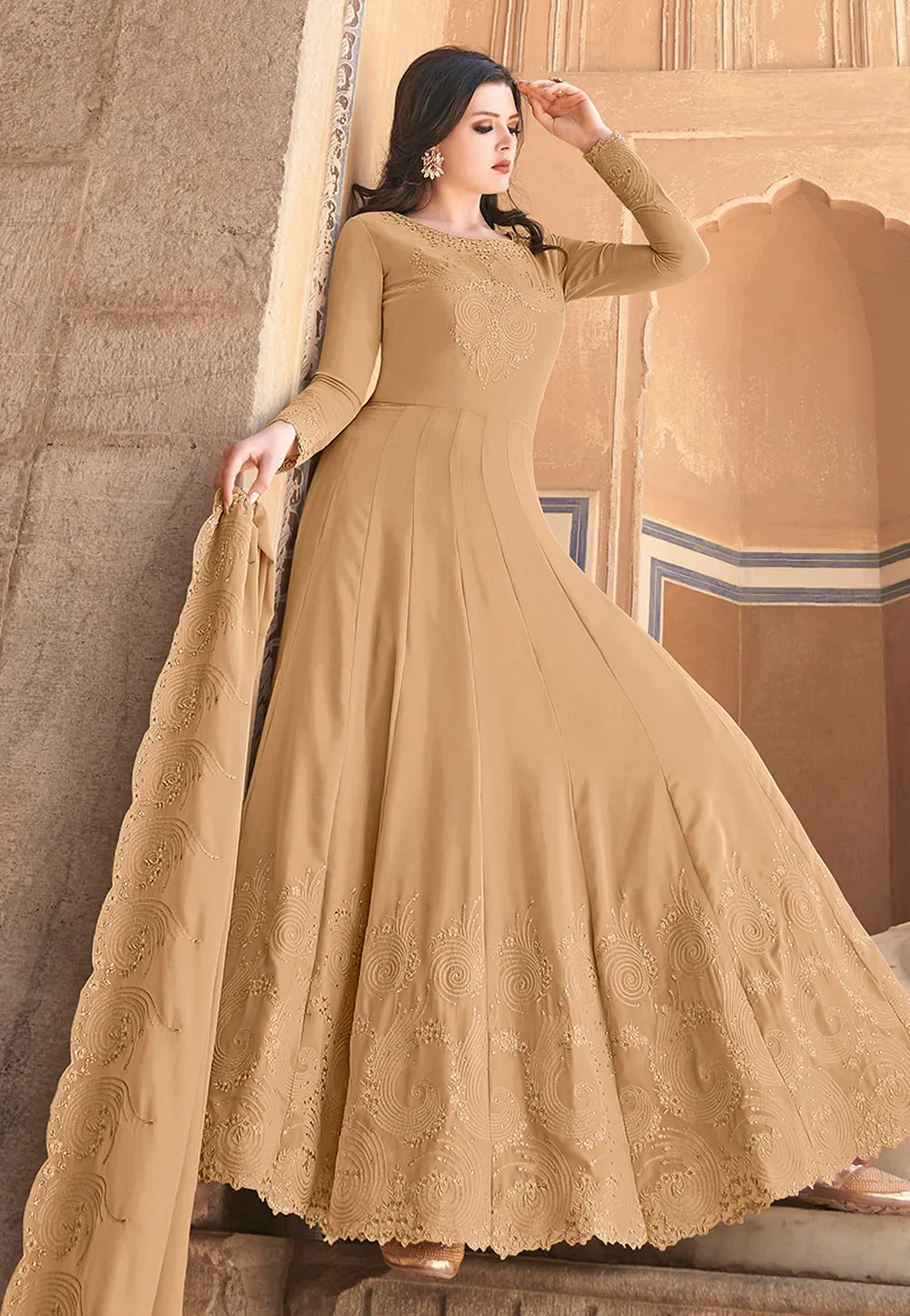 Beige Golden Designer Embroidered Anarkali Suit