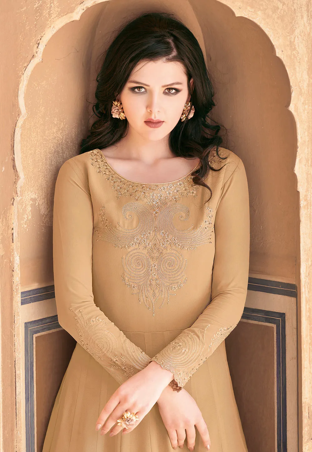 Beige Golden Designer Embroidered Anarkali Suit
