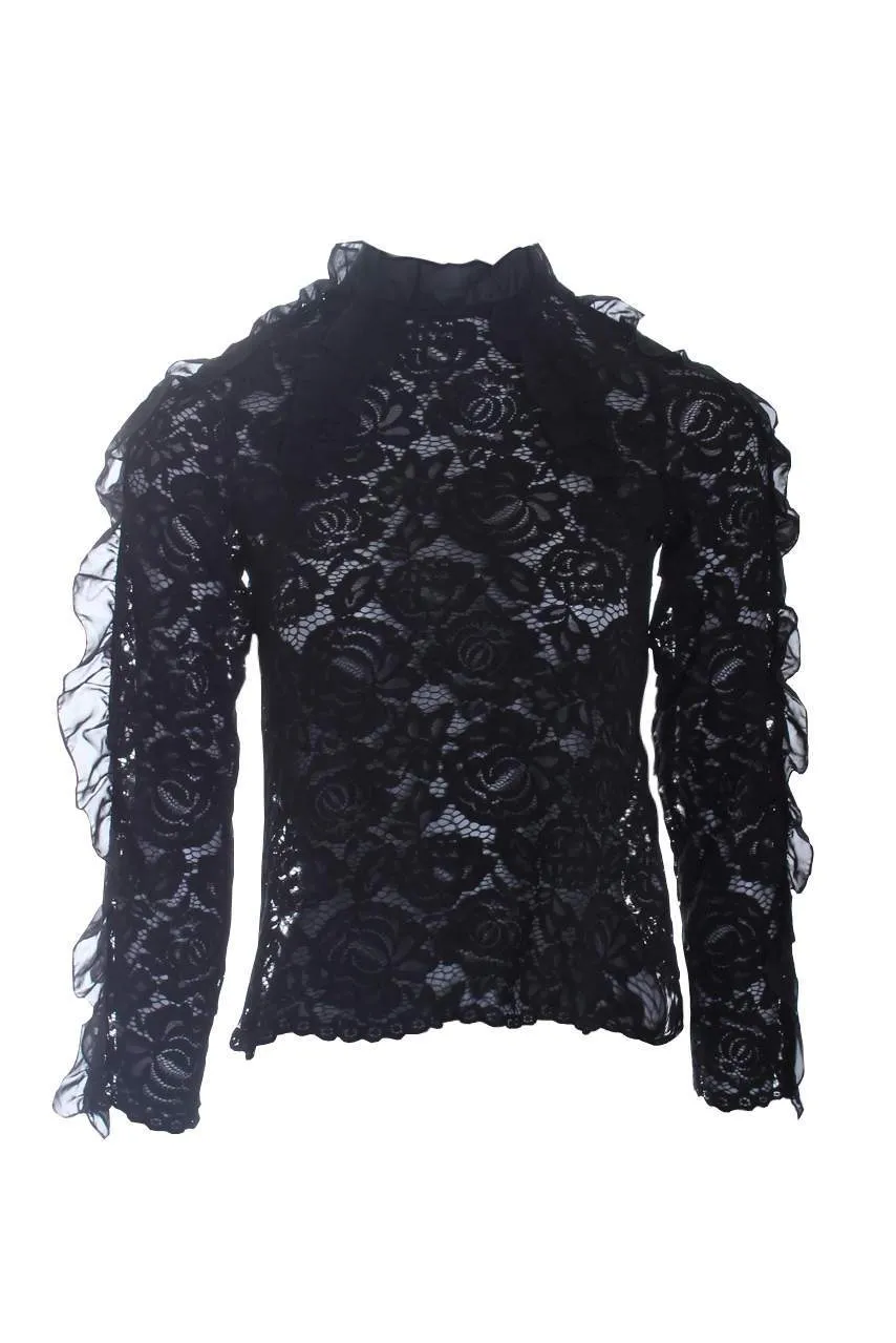 Black High Neck Lace Ruffle Detail Top