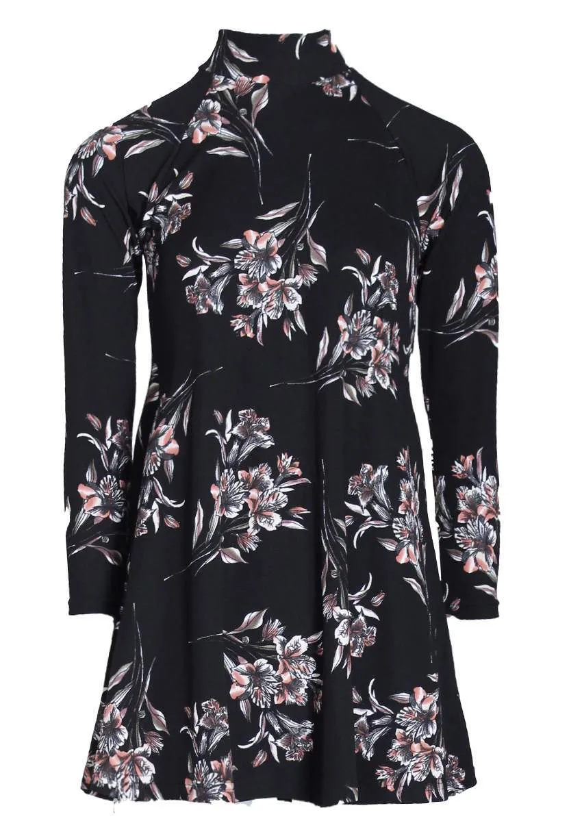 Black High Neck Long Sleeve Floral Dress