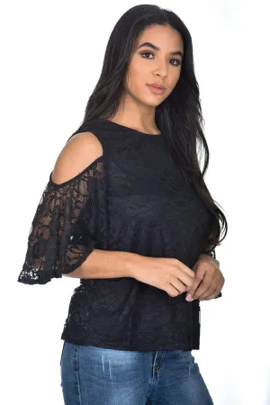 Black Lace Cold Shoulder Top