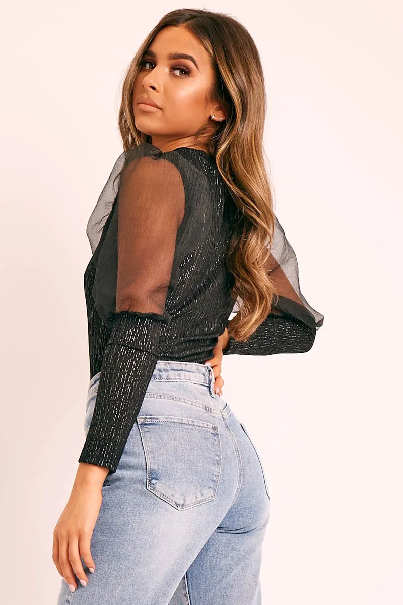 Black Metallic Puff Sleeve High Neck Top - Blaike