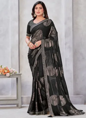 Black Mirror Work Embroidery Georgette Jacquard Saree