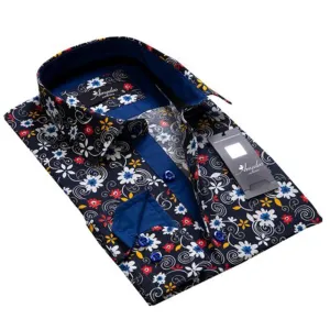 Black Red Colorful Floral Mens Slim Fit Designer French Cuff Shirt - tailored Cotton Shirts for Work and Casual Wear