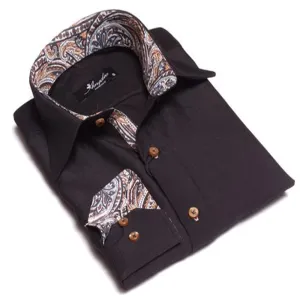 Black with Tan Paisley Mens Slim Fit Designer French Cuff Shirt - tailored Cotton Shirts for Work and