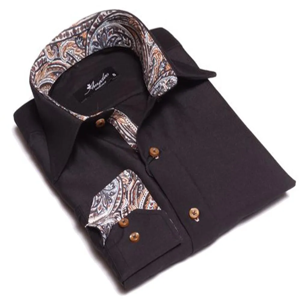 Black with Tan Paisley Mens Slim Fit Designer French Cuff Shirt - tailored Cotton Shirts for Work and