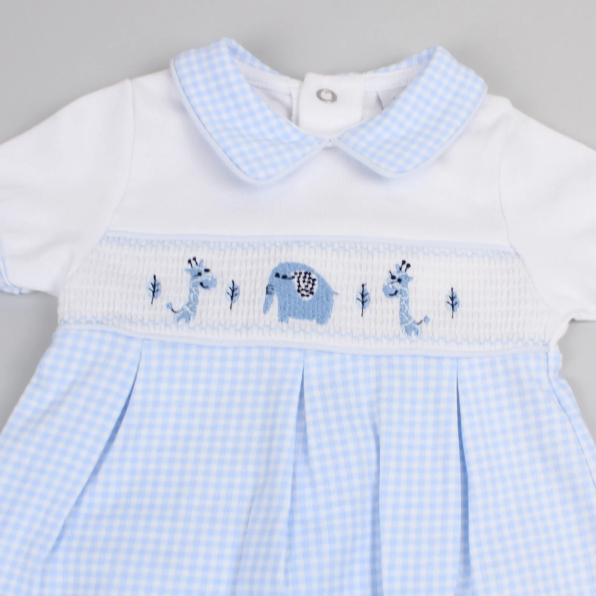Blue Checked Baby Romper - Smocked Jungle Animals