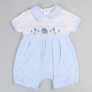 Blue Checked Baby Romper - Smocked Jungle Animals