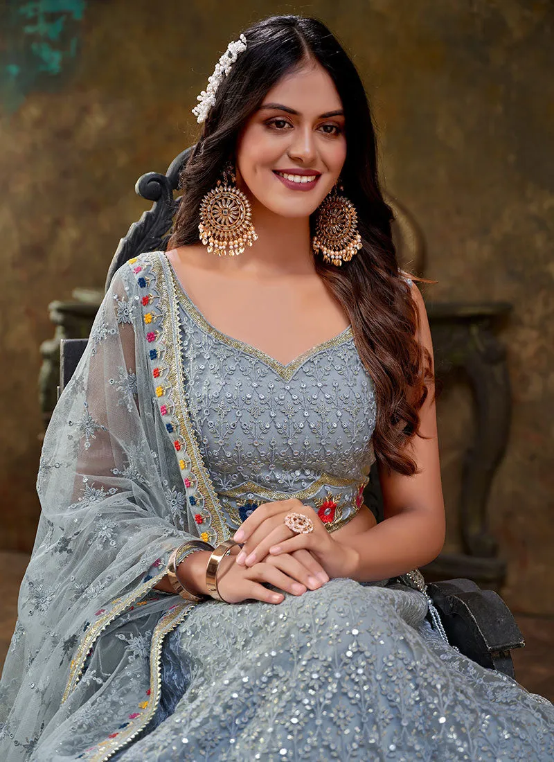 Blue Multi Sequence Embroidery Lehenga Choli For Wedding