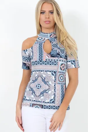 Blue Paisley Cold Shoulder Top - Franca