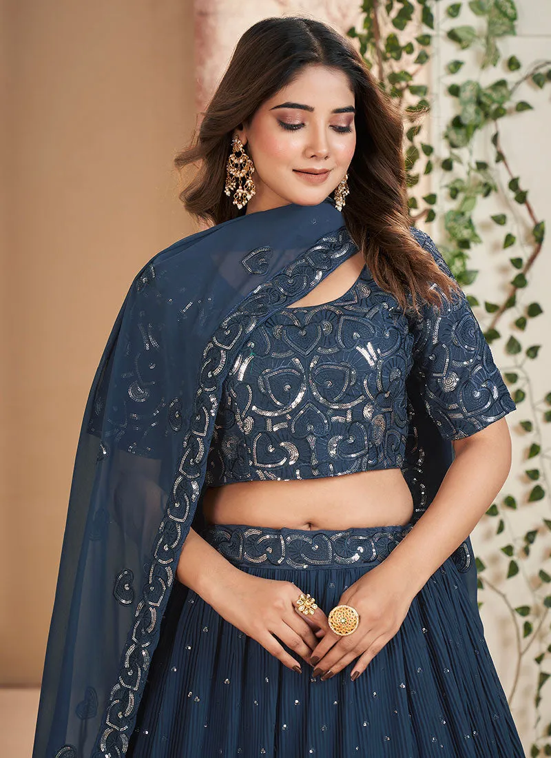 Blue Sequence Embroidery Wedding Lehenga Choli And Dupatta