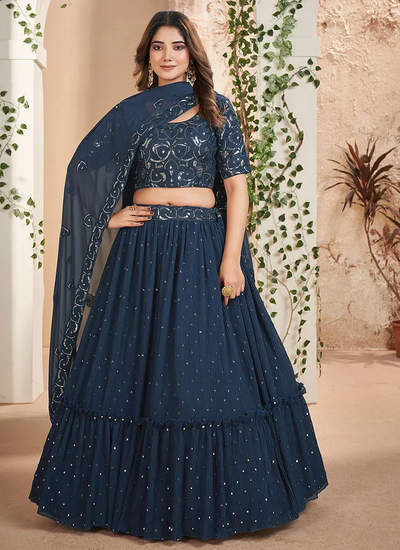 Blue Sequence Embroidery Wedding Lehenga Choli And Dupatta