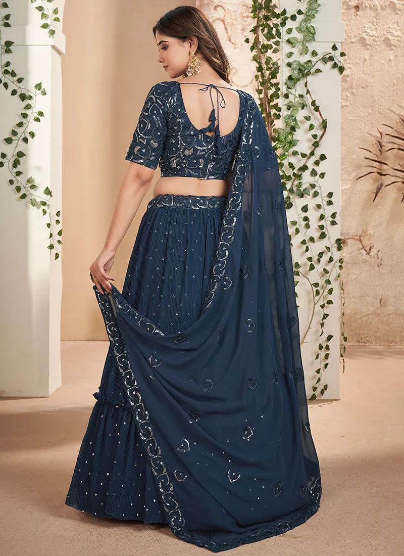Blue Sequence Embroidery Wedding Lehenga Choli And Dupatta