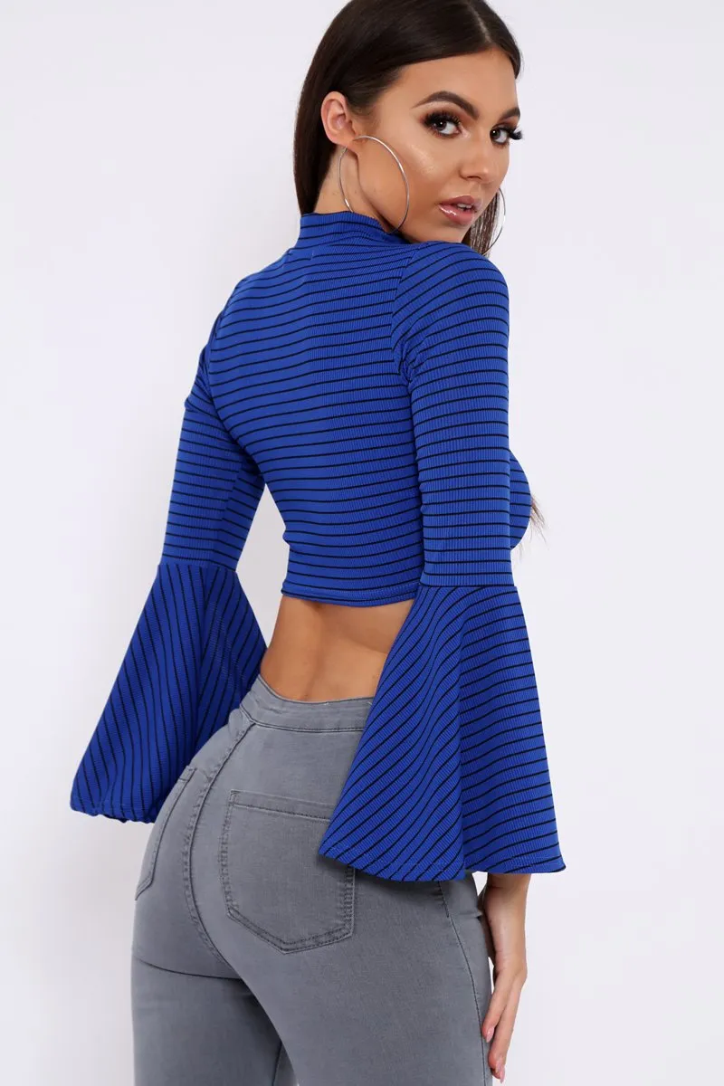 Blue Stripe Flare Sleeve Crop Top - Heela