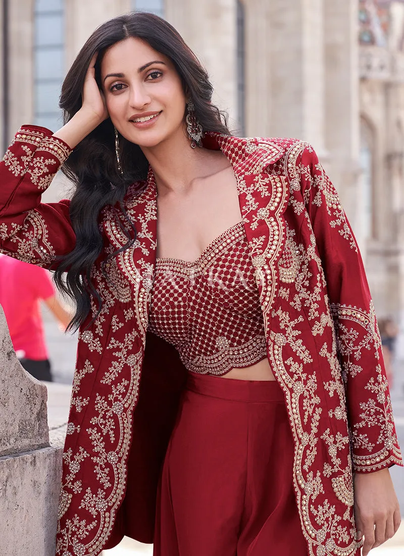 Bridal Red Embroidered Jacket Style Designer Palazzo Suit