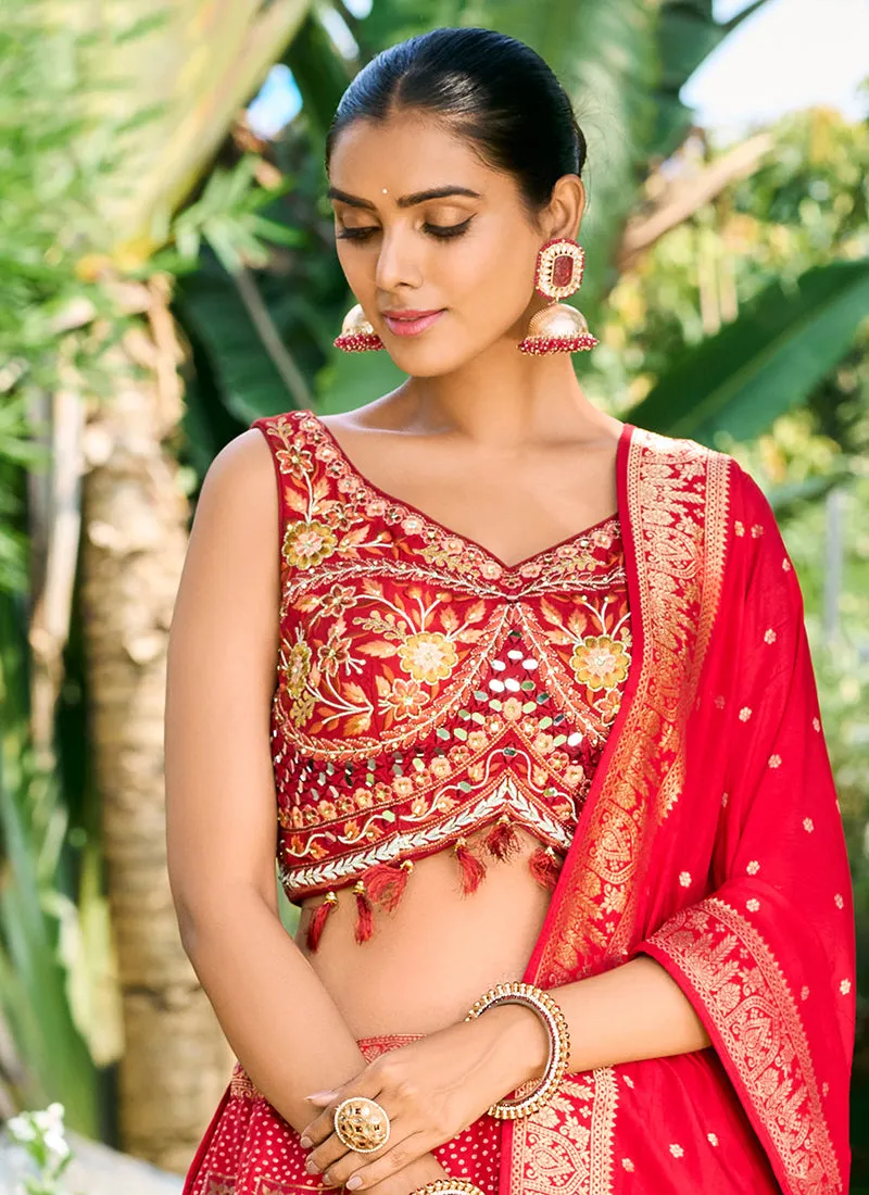 Bridal Red Multi Mirror Work Embroidery Wedding Lehenga Choli