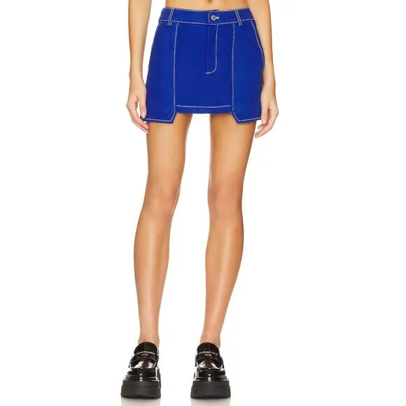 BY.DYLN Cooper Denim Mini Skirt Boxy Utility Contrast Stitch Cobalt Blue Small