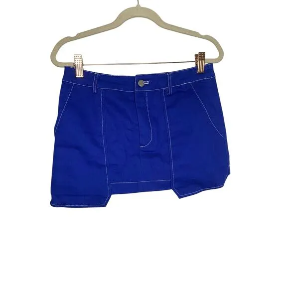 BY.DYLN Cooper Denim Mini Skirt Boxy Utility Contrast Stitch Cobalt Blue Small
