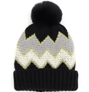 CHEVRON POM BEANIE - BLACK