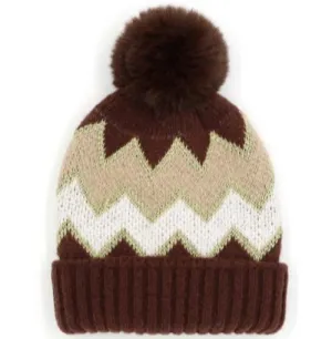 CHEVRON POM BEANIE - BROWN