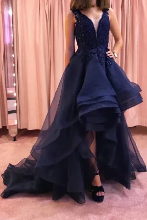 Chic High Low V Neck Lace Applique Sleeveless Long Navy Blue Tulle Prom Dress OHC357