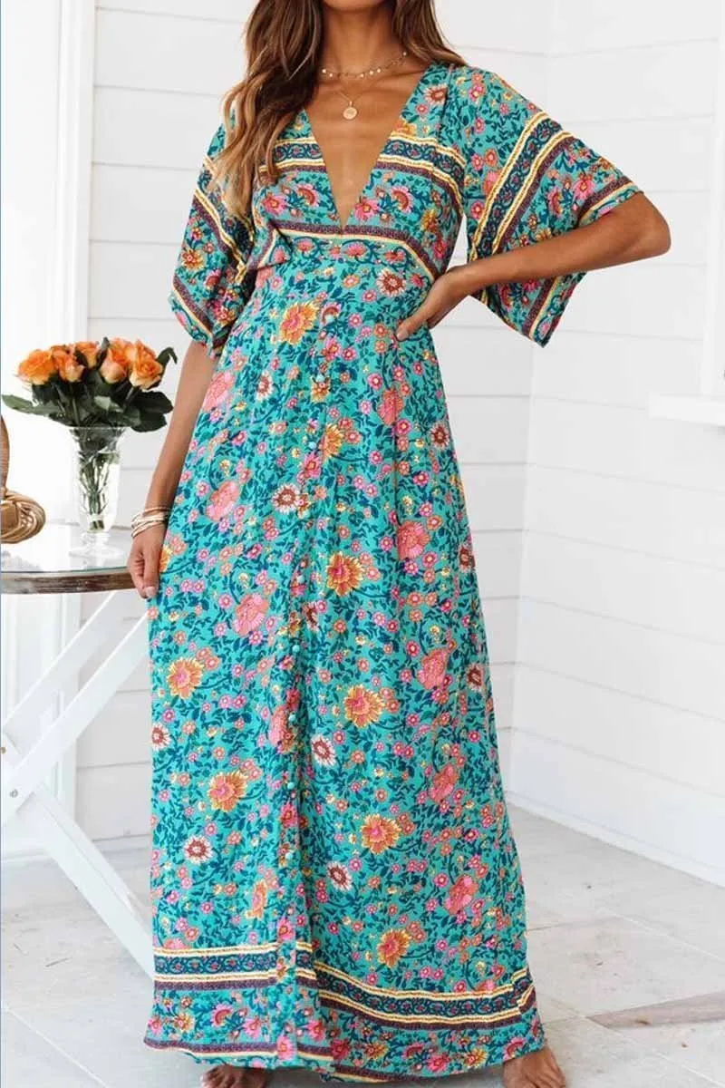 Chicindress Floral Printed Blue Ankle Length Dress