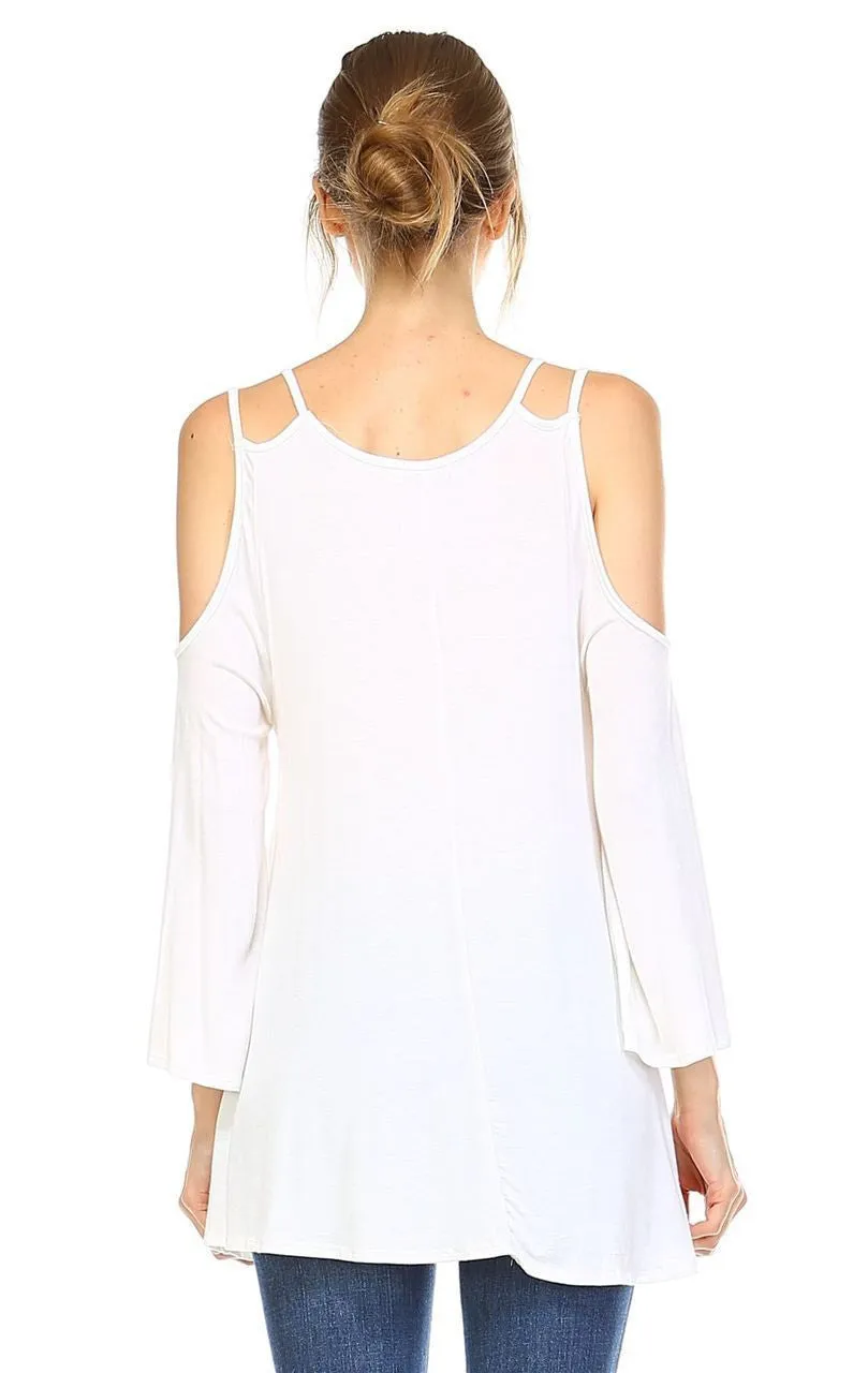Cold Shoulder Top 3/4 Sleeves 2 String Strap Soft White