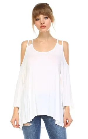 Cold Shoulder Top 3/4 Sleeves 2 String Strap Soft White