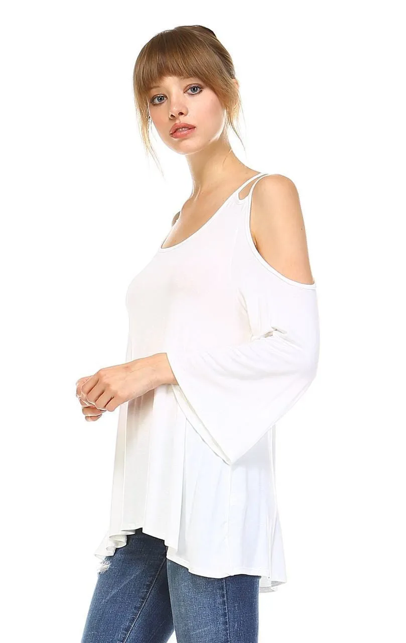 Cold Shoulder Top 3/4 Sleeves 2 String Strap Soft White